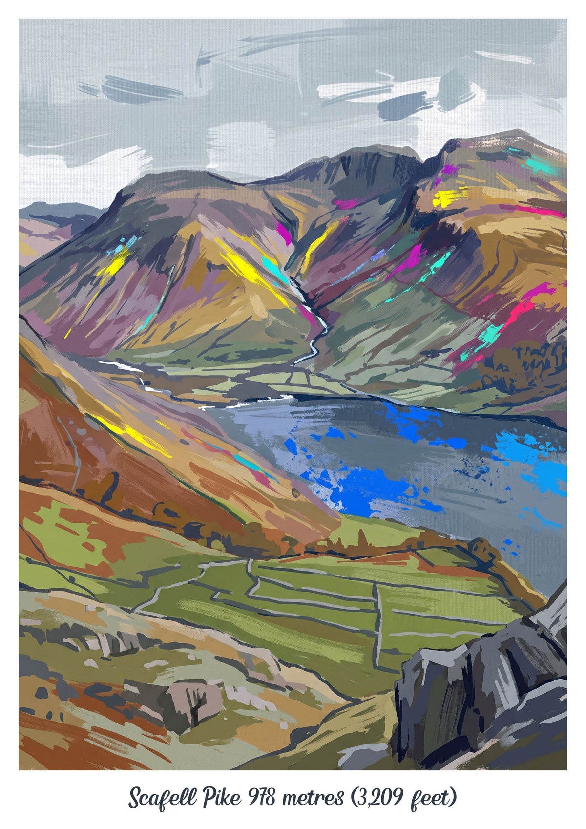 Colorful landscape art print of mountains and blue river, with small caption at bottom