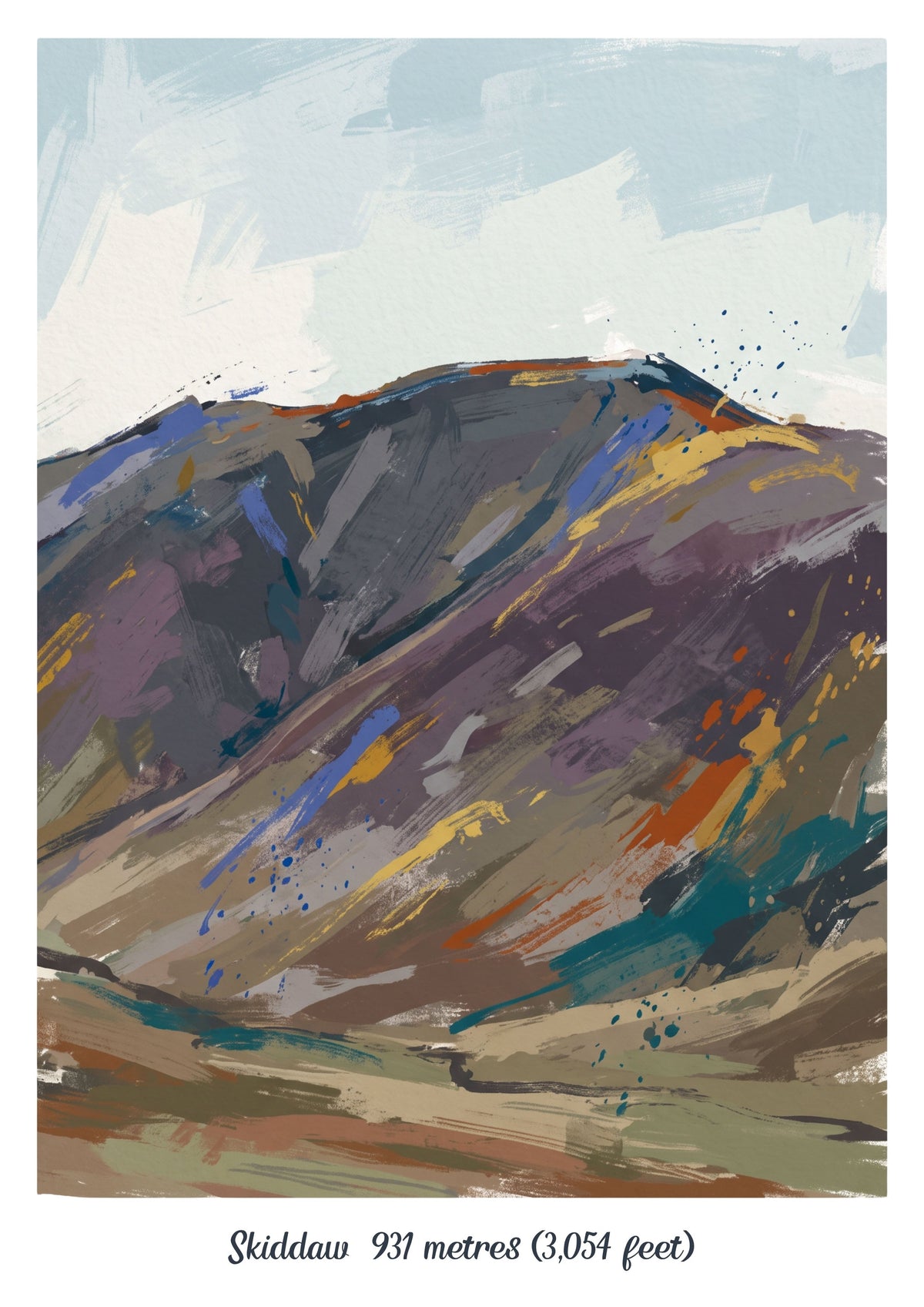 Vibrant abstract landscape art print with mountain peak and colorful paint strokes