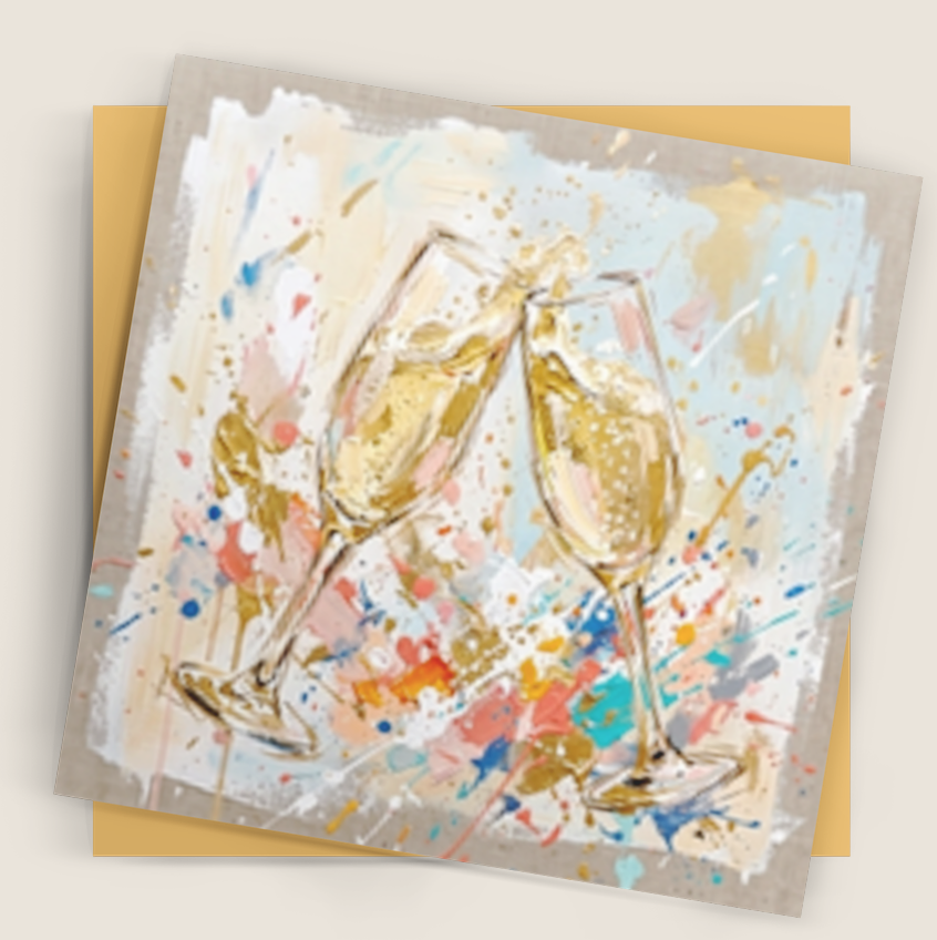 A square art print or card featuring an abstract painting of two champagne glasses clinking, layered over a gold square, set against a solid beige background.