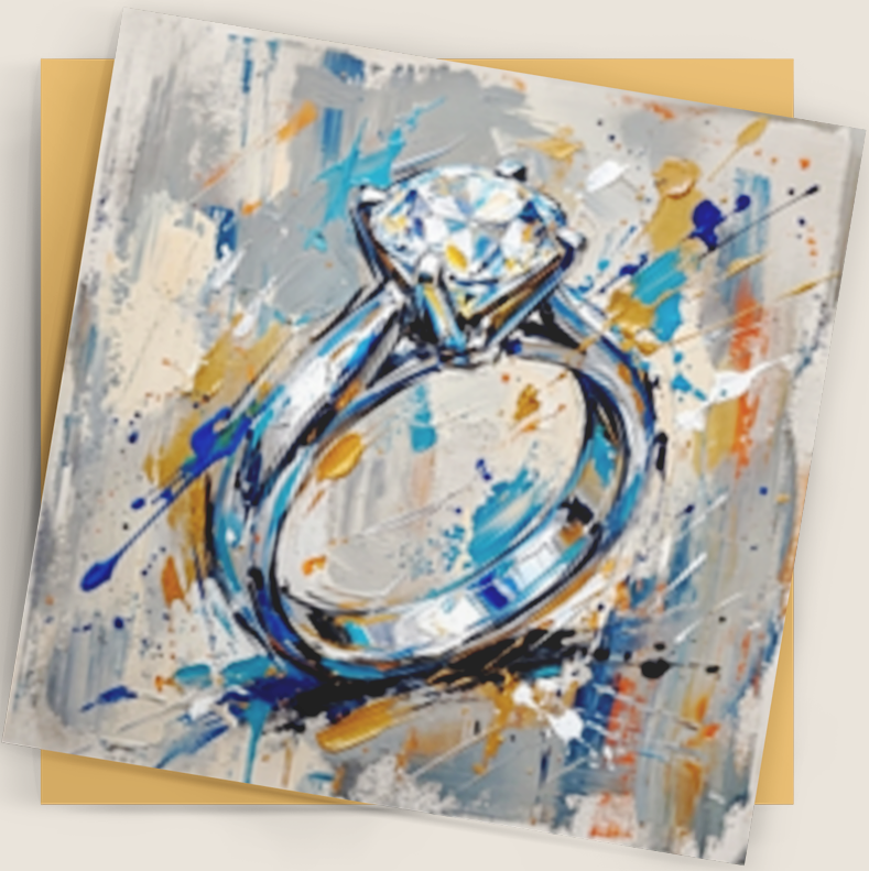 A square art print featuring a painted illustration of a diamond ring, displayed on top of a tan envelope against a solid light beige background.