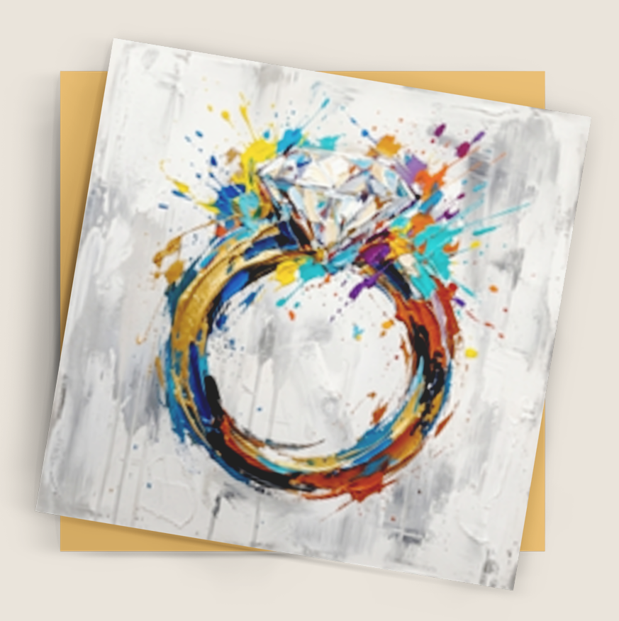 A square art print featuring a colorful abstract painting of a ring on a textured white background, shown with a gold-toned backing card on a light beige backdrop.