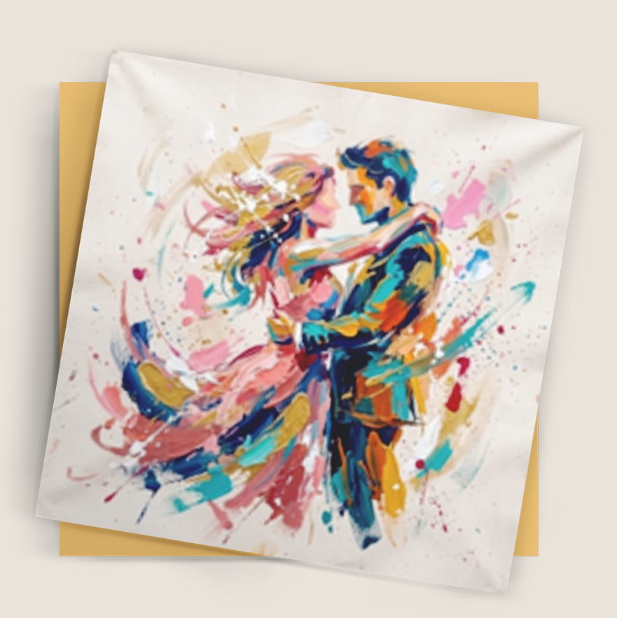 A square white art print or napkin featuring a colorful watercolor-style illustration of a dancing couple, displayed on top of a tan square card against a light beige background.