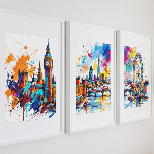 London Landmarks Triptych Art Print – One Image Across Three Panels | Modern Coloursplash Cityscape
